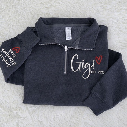 Custom Gigi Heart Embroidered Zip Sweater, Personalized For Grandma with Grandchild Names
