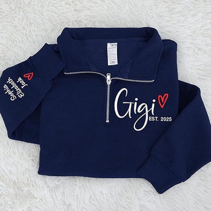Custom Gigi Heart Embroidered Zip Sweater, Personalized For Grandma with Grandchild Names