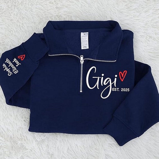 Custom Gigi Heart Embroidered Zip Sweater, Personalized For Grandma with Grandchild Names