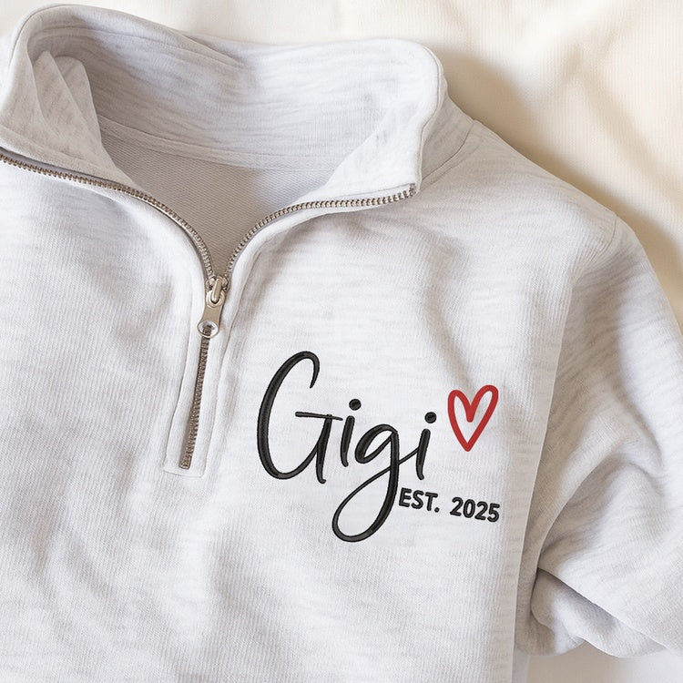 Custom Gigi Heart Embroidered Zip Sweater, Personalized For Grandma with Grandchild Names
