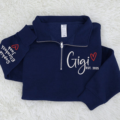 Custom Gigi Heart Embroidered Zip Sweater, Personalized For Grandma with Grandchild Names