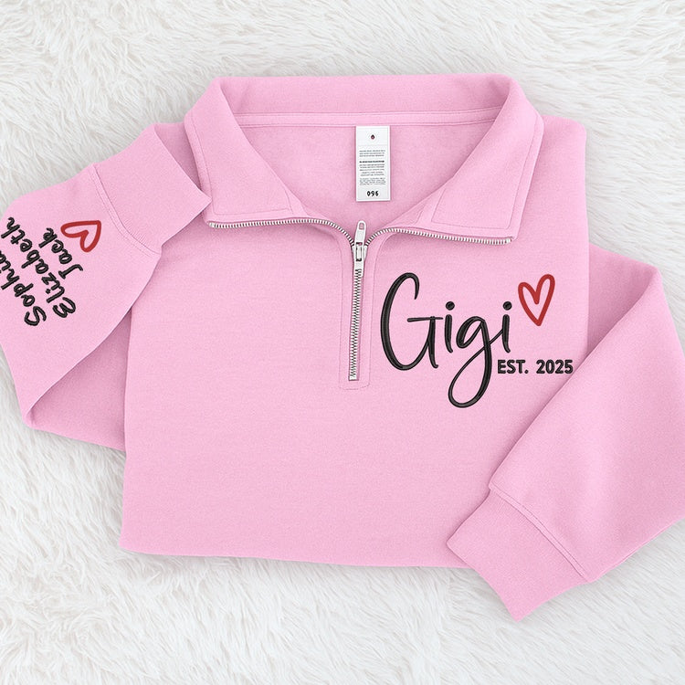Custom Gigi Heart Embroidered Zip Sweater, Personalized For Grandma with Grandchild Names