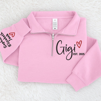 Custom Gigi Heart Embroidered Zip Sweater, Personalized For Grandma with Grandchild Names