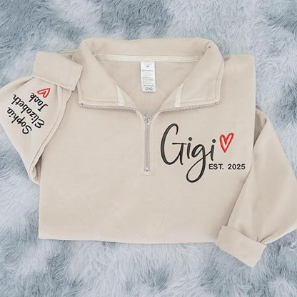 Custom Gigi Heart Embroidered Zip Sweater, Personalized For Grandma with Grandchild Names