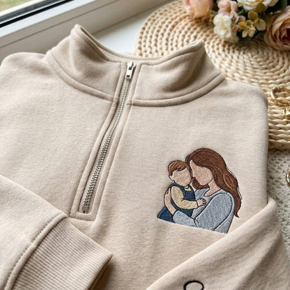 Sudadera con cremallera de un cuarto, foto personalizada del Día de la Madre con el nombre del niño en la manga