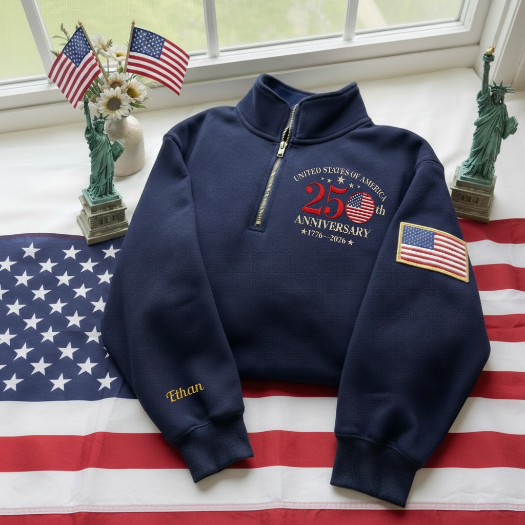 Embroidered The US 250th Anniversary Independence Day With Name On Sleeve Quarter-Zip Sweatshirt