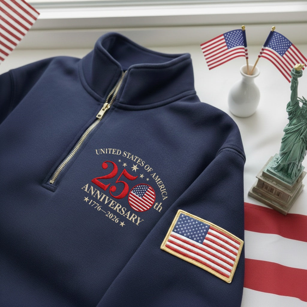 Embroidered The US 250th Anniversary Independence Day With Name On Sleeve Quarter-Zip Sweatshirt