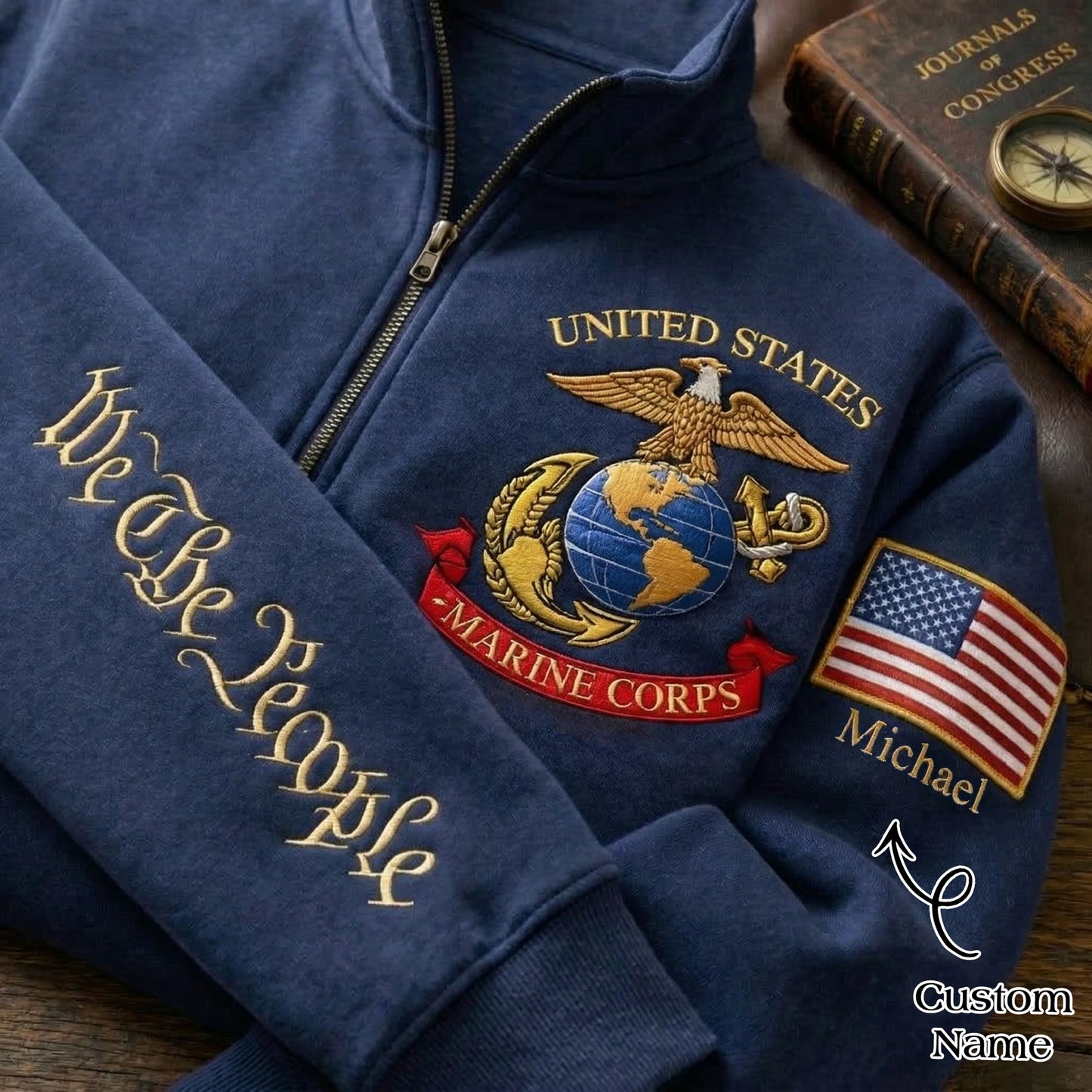 Sudadera con cremallera de un cuarto y bordado del 250.º aniversario del Día de la Independencia del Cuerpo de Marines de EE. UU.