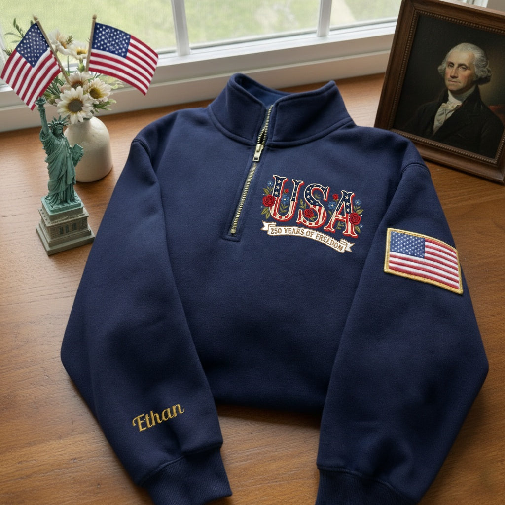 Sudadera con cremallera de un cuarto, con bordado del 250.º aniversario del Día de la Independencia de EE. UU. y nombre en la manga