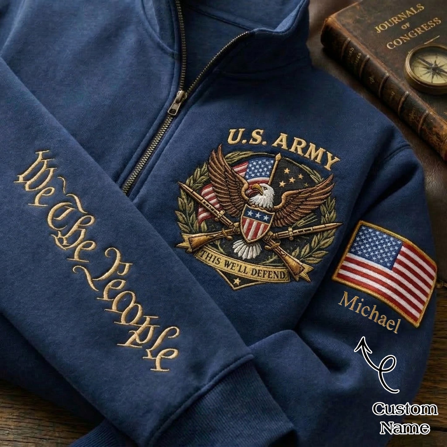 Sudadera con cremallera de un cuarto, bordada, del 250 aniversario del Día de la Independencia del Ejército de EE. UU.