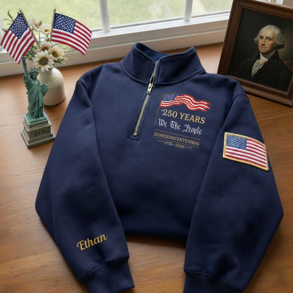 Sudadera con cremallera de un cuarto, con bordado del 250.º aniversario del Día de la Independencia de EE. UU. y nombre en la manga