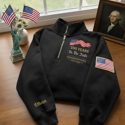 Sudadera con cremallera de un cuarto, con bordado del 250.º aniversario del Día de la Independencia de EE. UU. y nombre en la manga