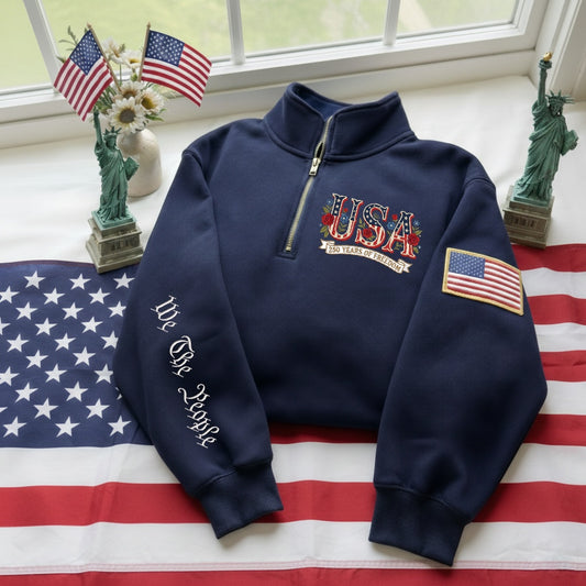 Embroidered The US 250th Anniversary Independence Day Rose Quarter-Zip Sweatshirt