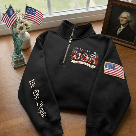 Embroidered The US 250th Anniversary Independence Day Rose Quarter-Zip Sweatshirt