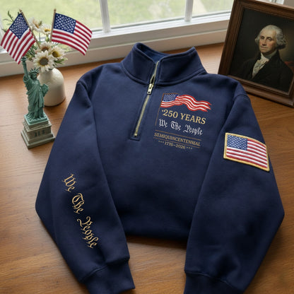 Sudadera con cremallera de un cuarto bordada "We The People" para el 250.º aniversario del Día de la Independencia de EE. UU.