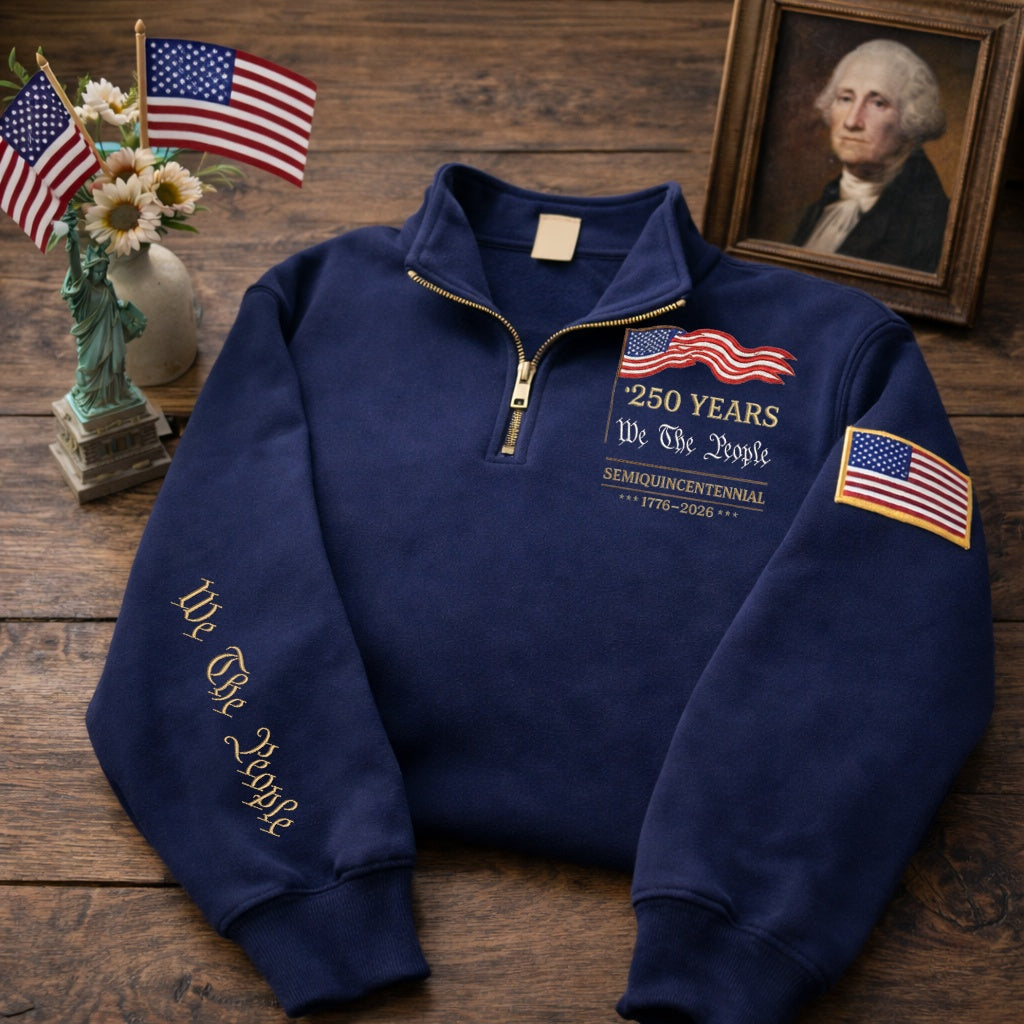 Sudadera con cremallera de un cuarto bordada "We The People" para el 250.º aniversario del Día de la Independencia de EE. UU.