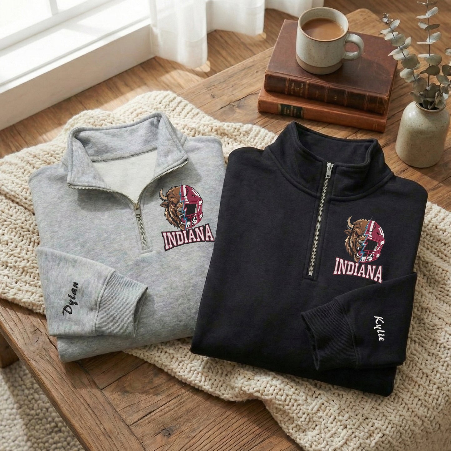 Embroidered Indiana Hoosiers Mascot And Helmet Quarter-Zip Sweatshirt