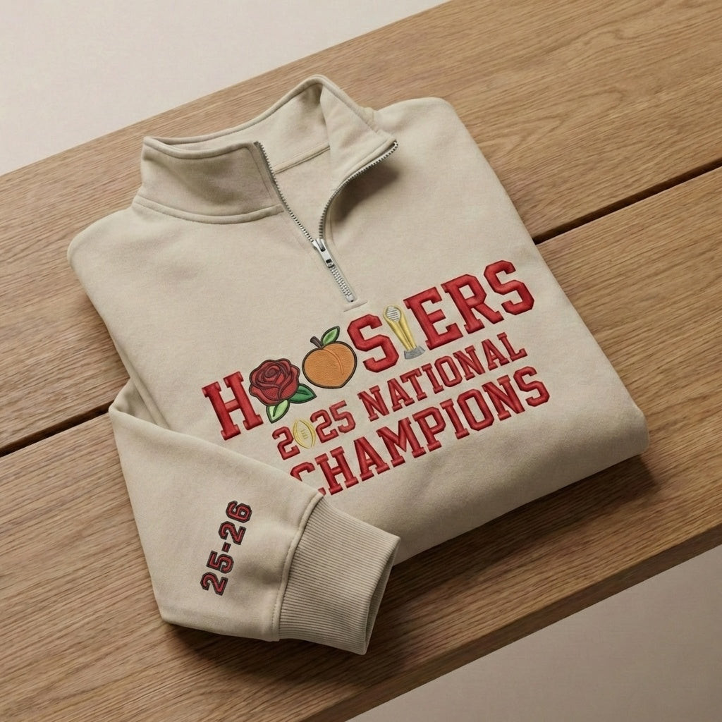 Embroidered Hoosiers Champs Sweatshirt: Rose & Peach Bowl 2025 Quarter-Zip Sweatshirt