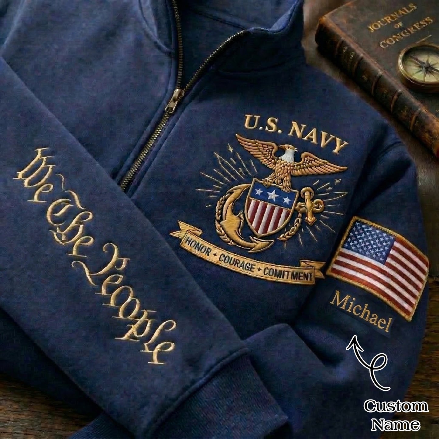 Sudadera con cierre de cuarto de cremallera bordada del 250.º aniversario del Día de la Independencia de la Marina de los EE. UU.