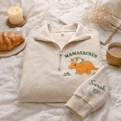 Embroidered Mother's Day Mamasaurus Text With Kid's Names On Sleeve Quarter-Zip Sweatshirt