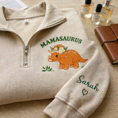 Embroidered Mother's Day Mamasaurus Text With Kid's Names On Sleeve Quarter-Zip Sweatshirt