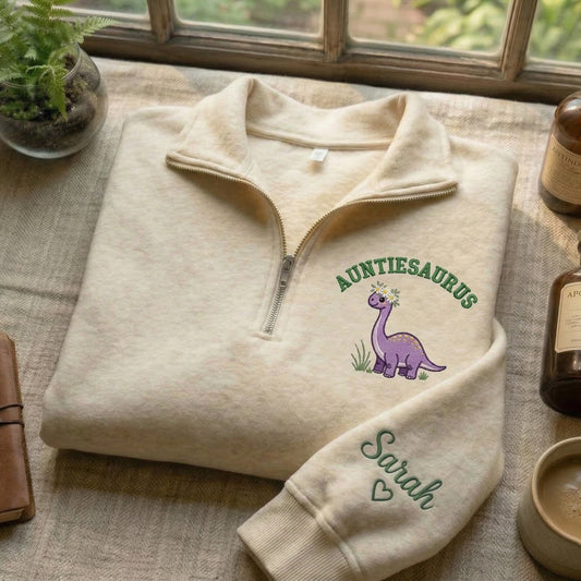 Embroidered Mother's Day Auntiesaurus Text With Name On Sleeve Quarter-Zip Sweatshirt