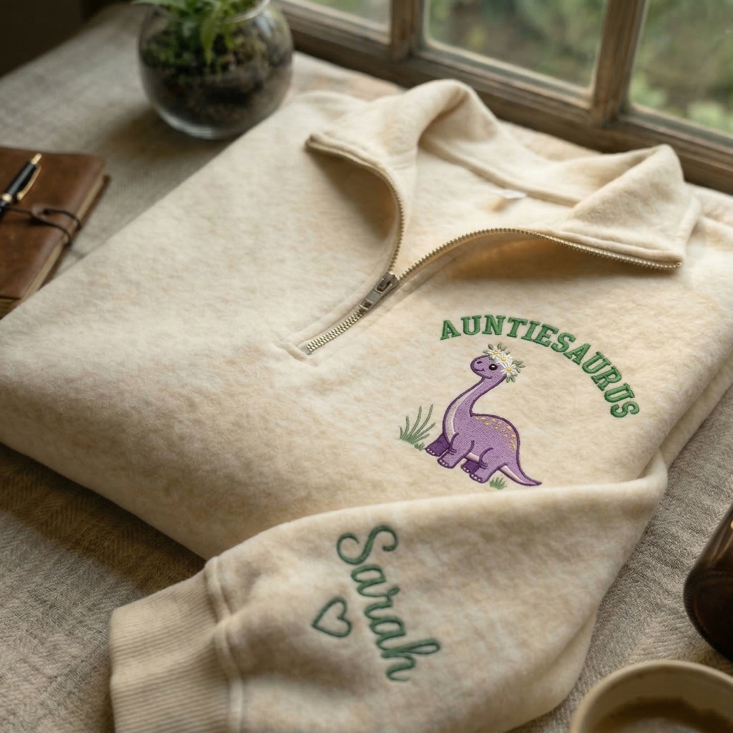 Embroidered Mother's Day Auntiesaurus Text With Name On Sleeve Quarter-Zip Sweatshirt