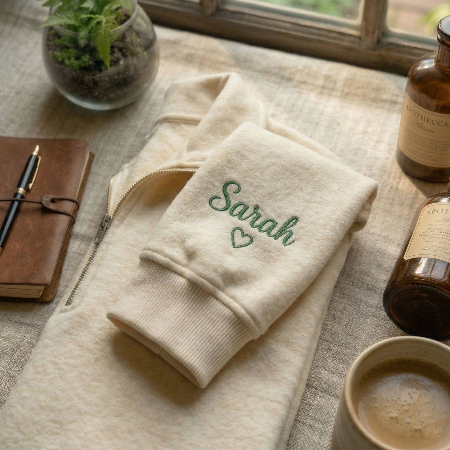 Embroidered Mother's Day Auntiesaurus Text With Name On Sleeve Quarter-Zip Sweatshirt
