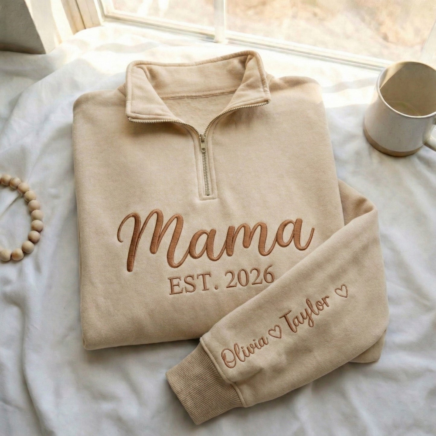 Embroidered Mother's Day Custom Text With Kid's Names On Sleeve Quarter-Zip Sweatshirt