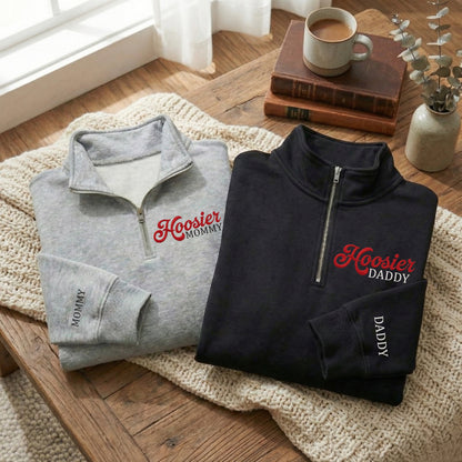Sudadera bordada "Hoosiers Mommy Daddy Champs": Sudadera con cremallera de cuarto Rose & Peach Bowl 25/26