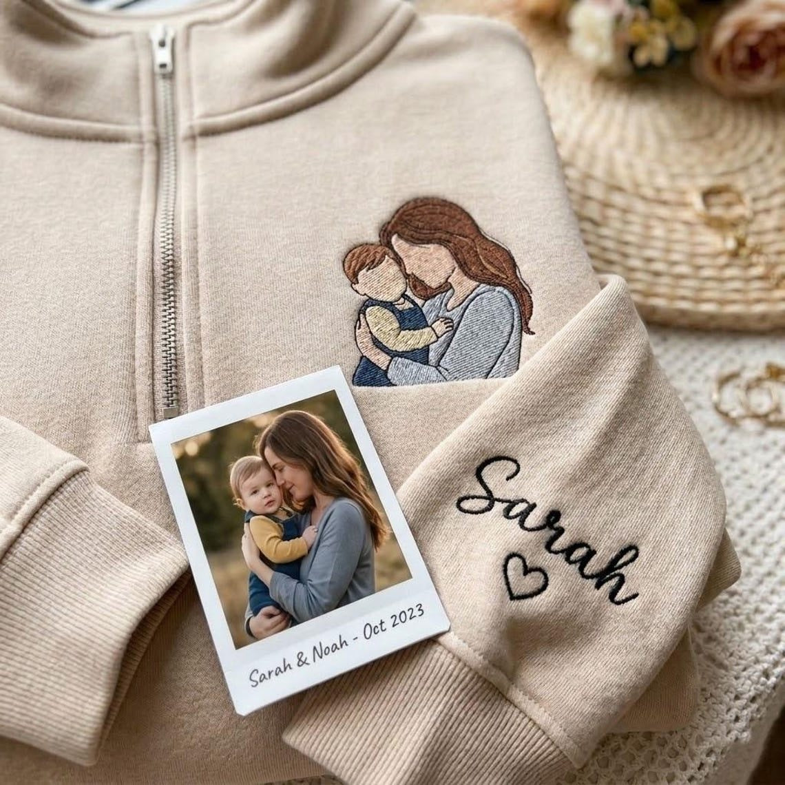 Sudadera con cremallera de un cuarto, foto personalizada del Día de la Madre con el nombre del niño en la manga
