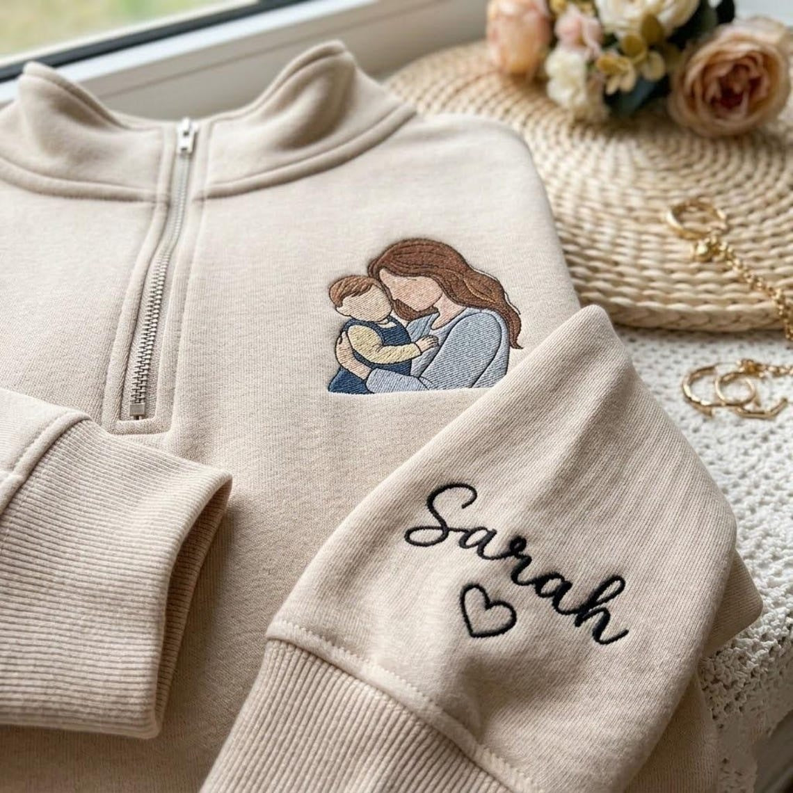 Sudadera con cremallera de un cuarto, foto personalizada del Día de la Madre con el nombre del niño en la manga