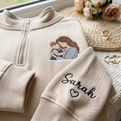 Sudadera con cremallera de un cuarto, foto personalizada del Día de la Madre con el nombre del niño en la manga