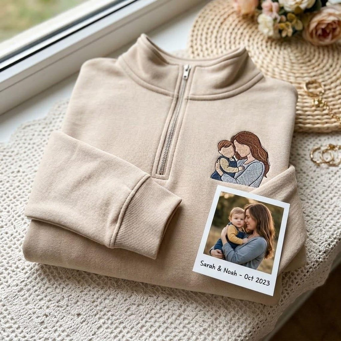 Sudadera con cremallera de un cuarto, foto personalizada del Día de la Madre con el nombre del niño en la manga