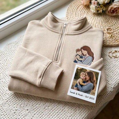 Sudadera con cremallera de un cuarto, foto personalizada del Día de la Madre con el nombre del niño en la manga