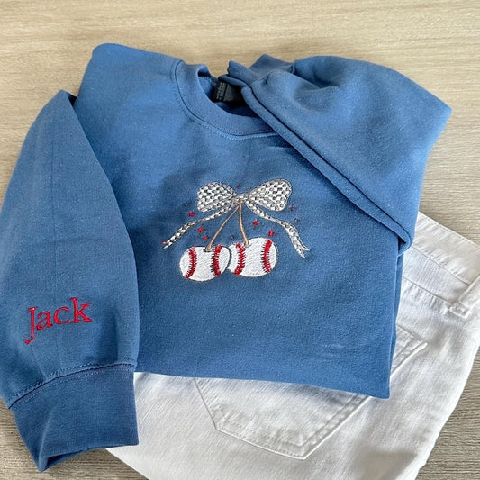 Personalized Baseball Mom Shirt, Embroidered Sweatshirt, Personalized Gift Baseball Bow Sweatshirt, Custom Name Sleeve, Mothers day Gift