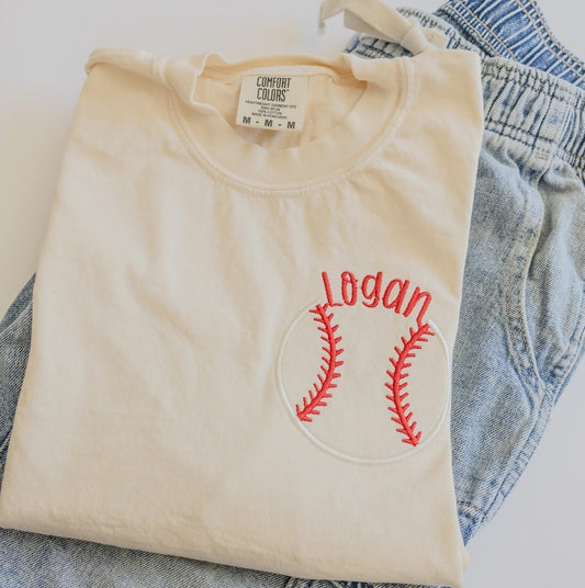 Comfort Colors Custom Baseball Embroidered Short Sleeve Shirt - School Colors - Baseball Player Name - Team Name Tee