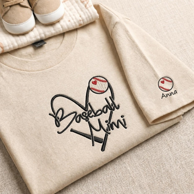 Personalized Embroidered Baseball Mimi With Grandkids Names Shirt, Heart and Bat Sports Family T Shirt