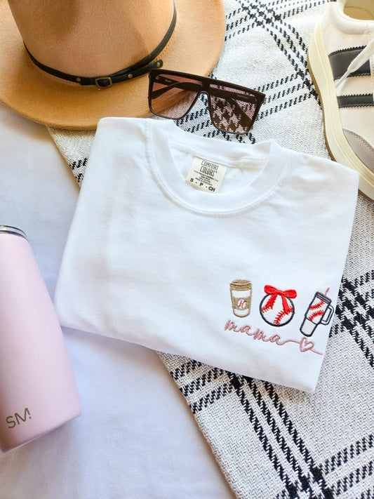Baseball Mama Embroideres Comfort Colors T-Shirt-Sports Mama-Garment Dyed T Shirt-Custom Embroidered-Personalized-Soft-High Quality-Mama