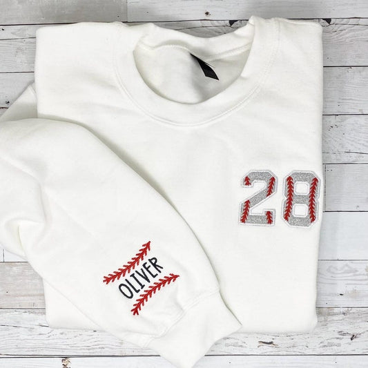 Baseball Number Embroidered Custom Child's name on Sleeve Glitter Number Unisex Sweatshirt Game Day Personalized Shirt