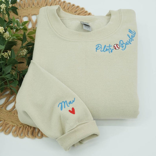 Custom Embroidered Pilots Baseball Neckline Sweatshirt, Custom Any Text on Neckline, Personalized Baseball Team Hoodie, Game Day Baseball