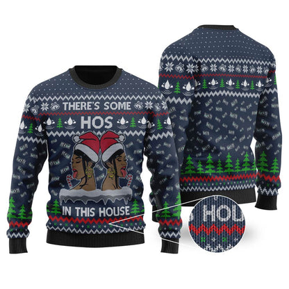 There's Some Hos In This House Christmas Sweater Navy - Funny Ugly Christmas Sweater