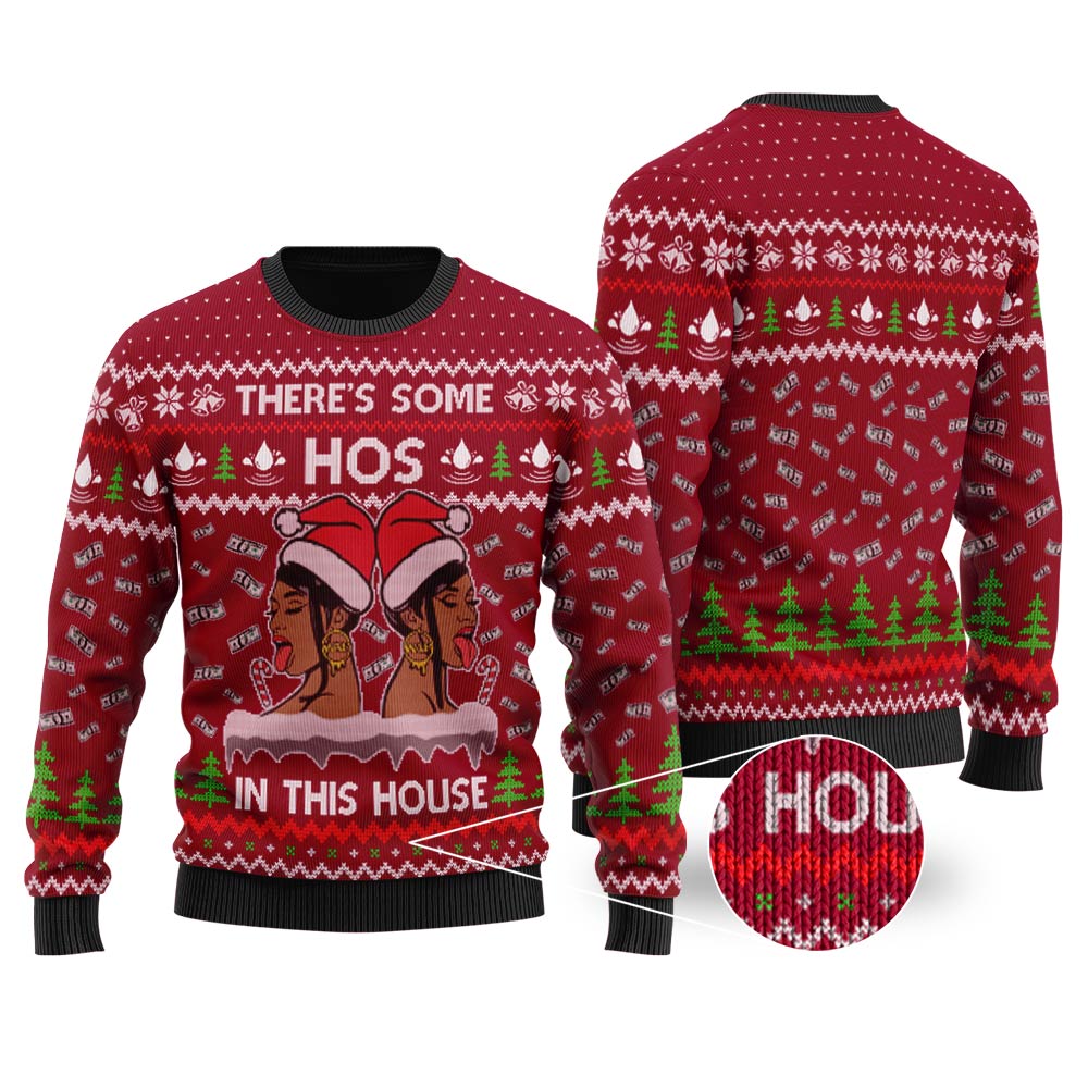 There's Some Hos In This House Christmas Sweater Cardinal Red - Funny Ugly Christmas Sweater