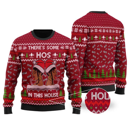 There's Some Hos In This House Christmas Sweater Cardinal Red - Funny Ugly Christmas Sweater